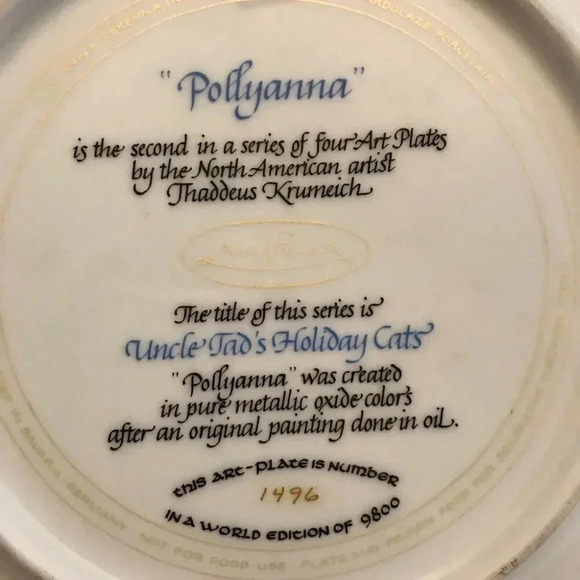 Anna Perenna Uncle Tad's Holiday Cats “Pollyanna” Thaddeus Krumeich Cat Plate - Picture 12 of 14